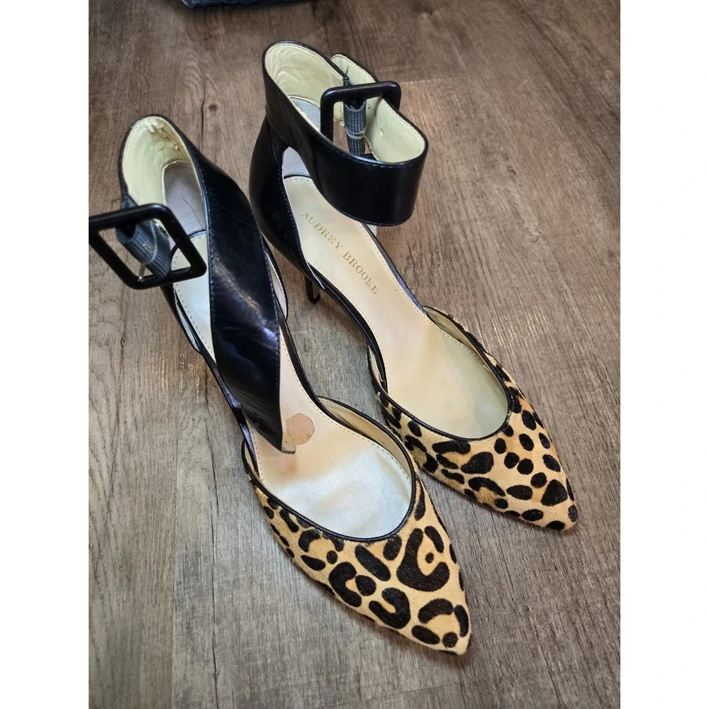 Audrey Brooke Womens Sandal Heel Brown Leather Leopard Ankle‎ Strap High 9.5 M